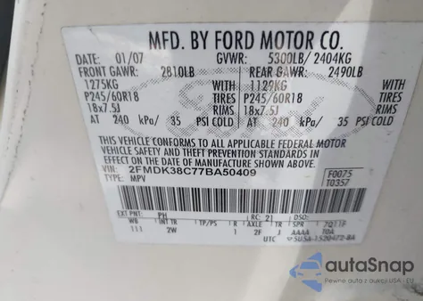 2007 Ford Edge Sel z USA, uszkodzony, nr VIN 2FMDK38C77BA50409